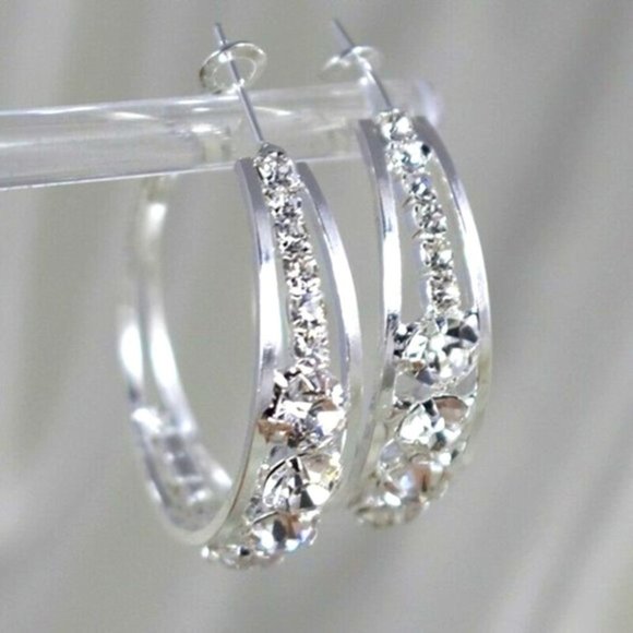 New 925 Silver Sim. Diamond Wide Hoop Earrings - Picture 1 of 4
